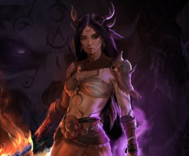 Darkhaven witch in orange and purple flames