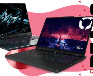 An Acer Predator Helios Neo 16S AI and a Lenovo Legion 5 OLED gaming laptop on a pink deals background