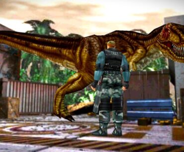 Slightly edited screenshot of Dylan confronted by a T-Rex in Dino Crisis 2