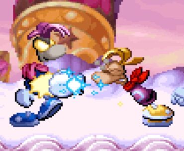 A zoomed in screenshot of Rayman 30th Anniversary Edition showing Rayman punching a Dark Rayman copy in the cake world