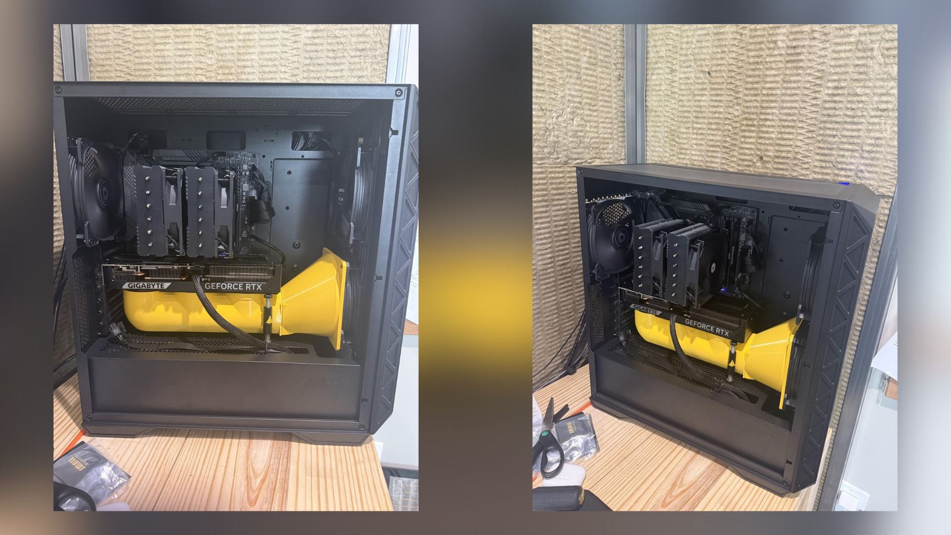 a 3d printed yellow air duct for a gaming pc, from Reddit user 'Esra-Zander'