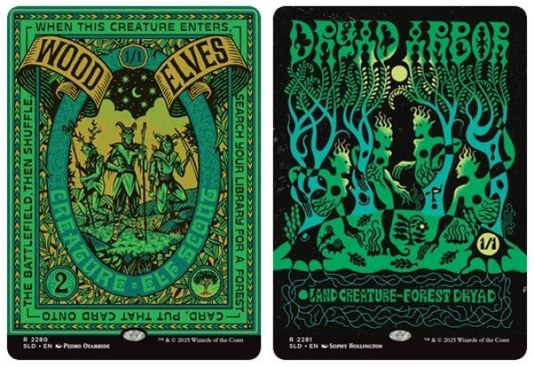 Two Magic Cards. The left features Wood Elves. The right titled Dread Arbor. Both feature expressive, storybook-esque artwork with shades of green and yellow.
