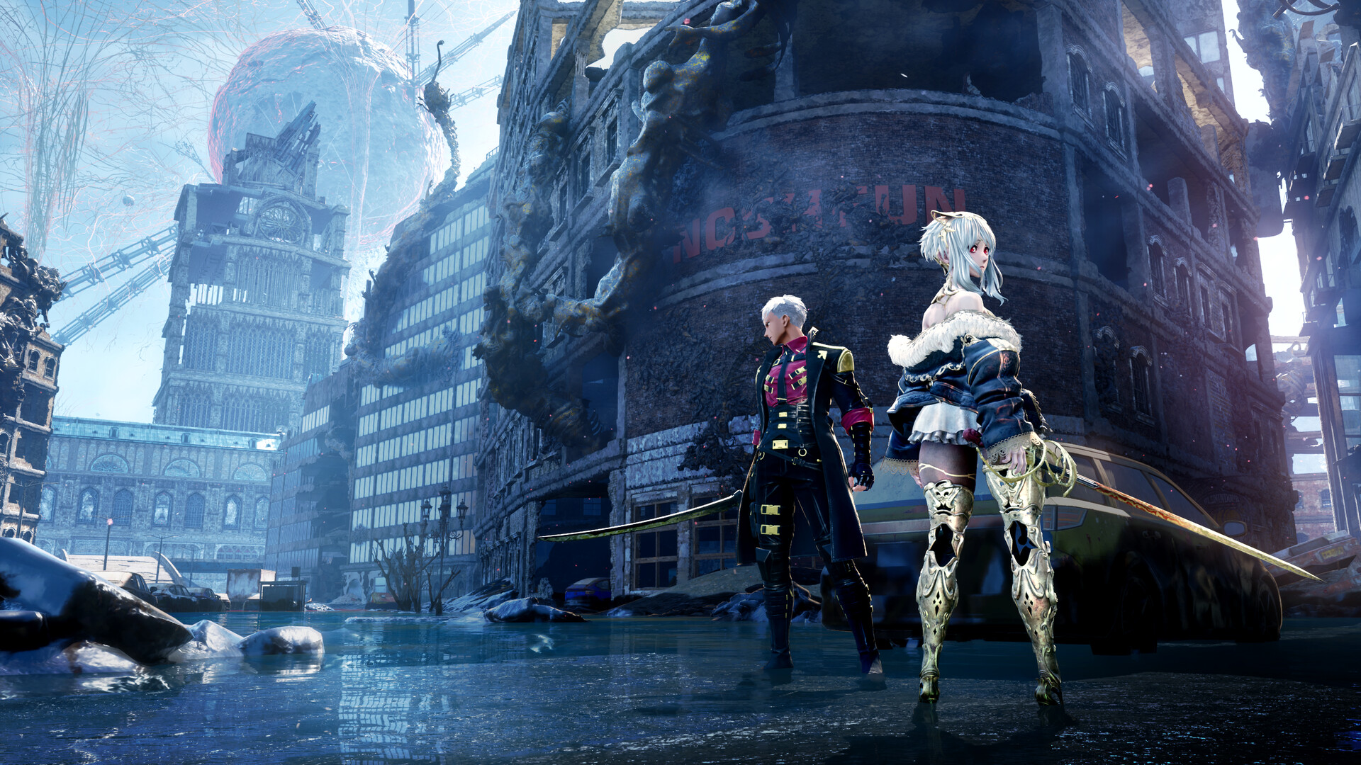 Two characters with swords stand amidst a flooded, post-apocalyptic cityscape featuring a large, ruined tower and overgrown