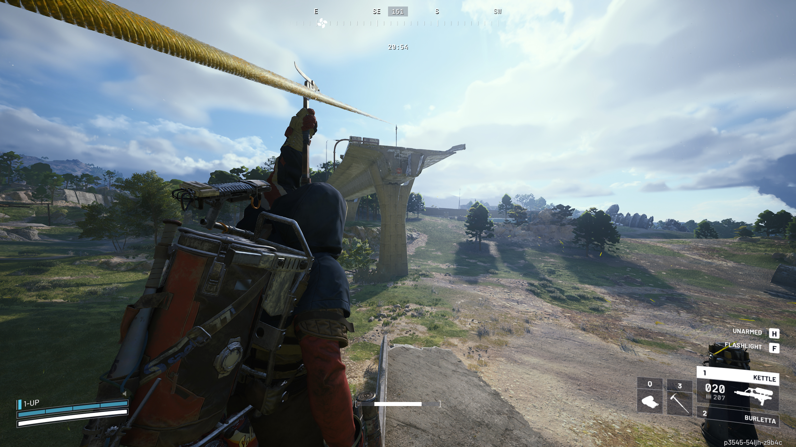 Arc Raiders Keeping an Eye Out: A player ziplining towards a destroyed highway in an open plain.