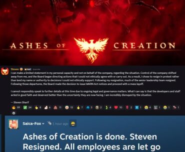 MMO Ashes of Creation on Steam is shutting down after 10 years of development. All employees are being laid off and CEO ran away with the money