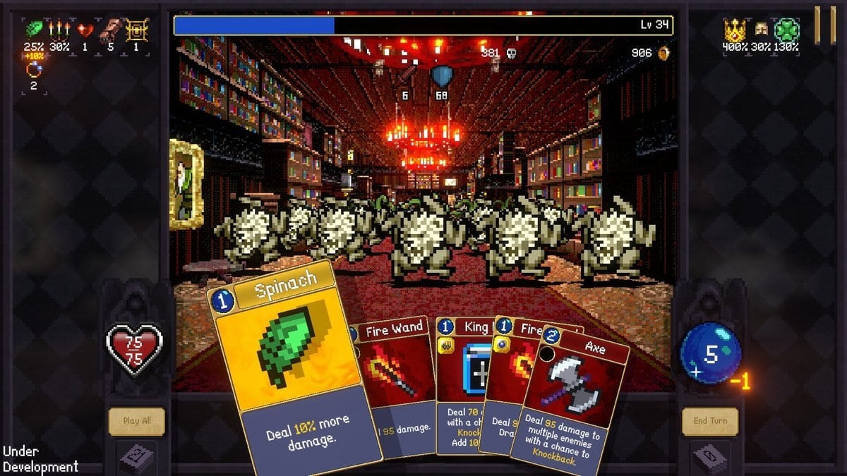 Vampire Crawlers in the library with the Spinach card (Deal 10% More Damage) selected against enemies