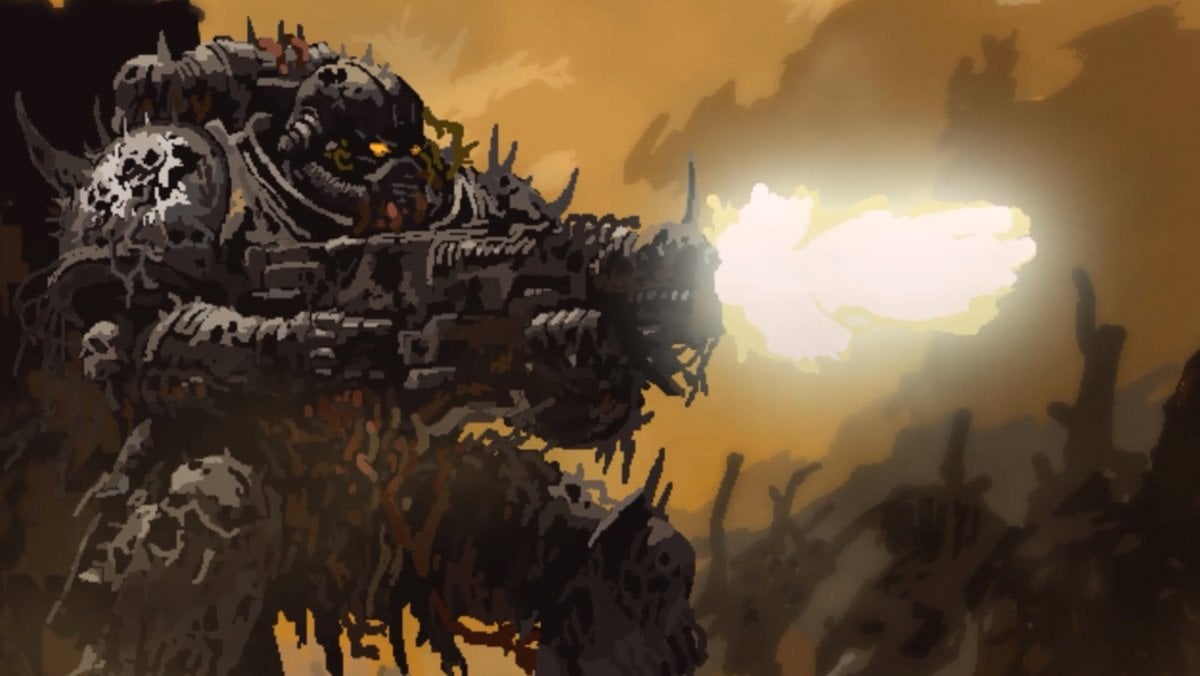 Image from the Void War trailer which features a soldier in metallic armor with designs around the oversized shoulder pads and a large gun firing. His armor has a full facemask, and appears to be full body, while the area around appears to be a battlefield littered with corpses