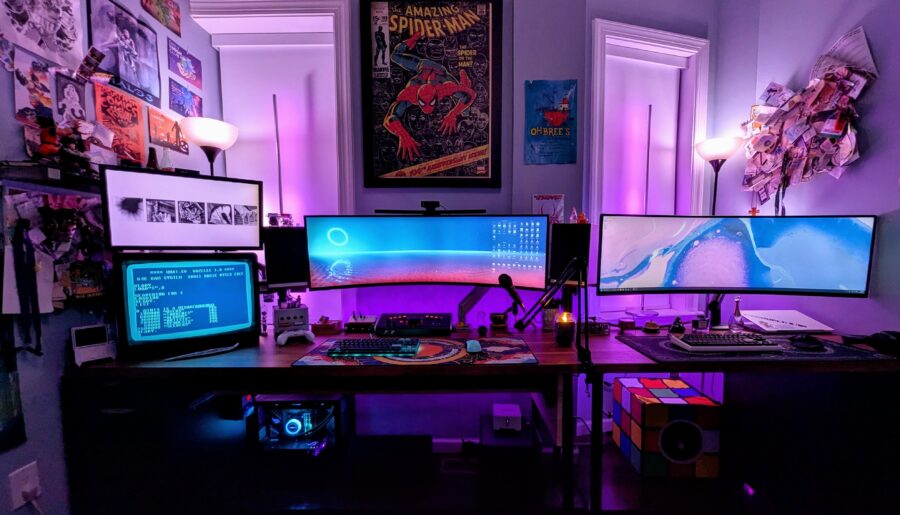 Cleaned up and re-did my battlestation for 2026! There’s a full piano keyboard under the main desk with a drawer I built. I will put more photos in the comments if people are interested!