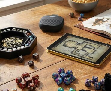 Dungeons &amp; Dragons paraphenalia, Bose speaker and iPad on a well-lit table