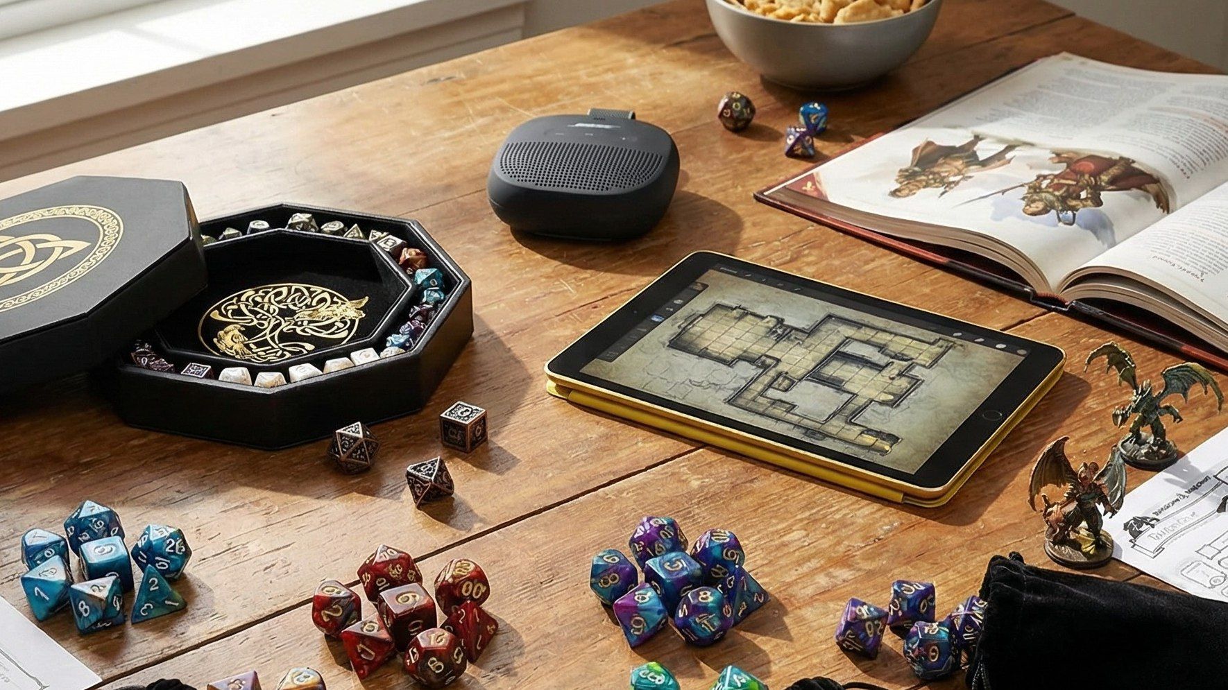I’ve been running Dungeons & Dragons for 12 years: here are 12 gadgets and essentials I use all the time as a DM — and 2 that I wish I had Dungeons & Dragons paraphenalia, Bose speaker and iPad on a well-lit table