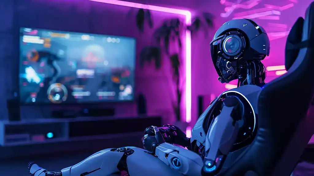 AI robot playing video games in a neon-lit room with a large screen.