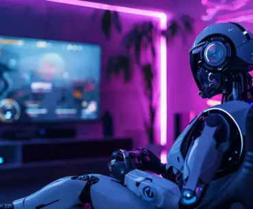 AI robot playing video games in a neon-lit room with a large screen.