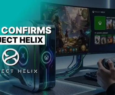 Xbox Project Helix promotional graphic with console, fantasy game monitor, controller, and interface under TECHi branding.