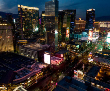 Aerial view of the Las Vegas Strip at looking north sunset on Wednesday, January 12, 2022. (Mic ...
