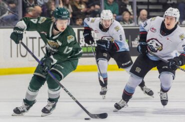 Everett Silvertips’ forward Julius Miettinen takes the puck down the ice in breakaway during the second round WHL playoff game against the Portland Winterhawks on Friday, April 11, 2025 in Everett, Washington. (Olivia Vanni / The Herald)
