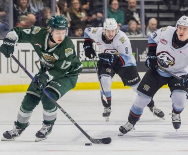 Everett Silvertips’ forward Julius Miettinen takes the puck down the ice in breakaway during the second round WHL playoff game against the Portland Winterhawks on Friday, April 11, 2025 in Everett, Washington. (Olivia Vanni / The Herald)