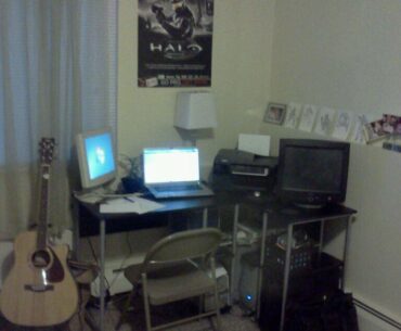 My first setup - I screwed 2 Walmart desks together 😅