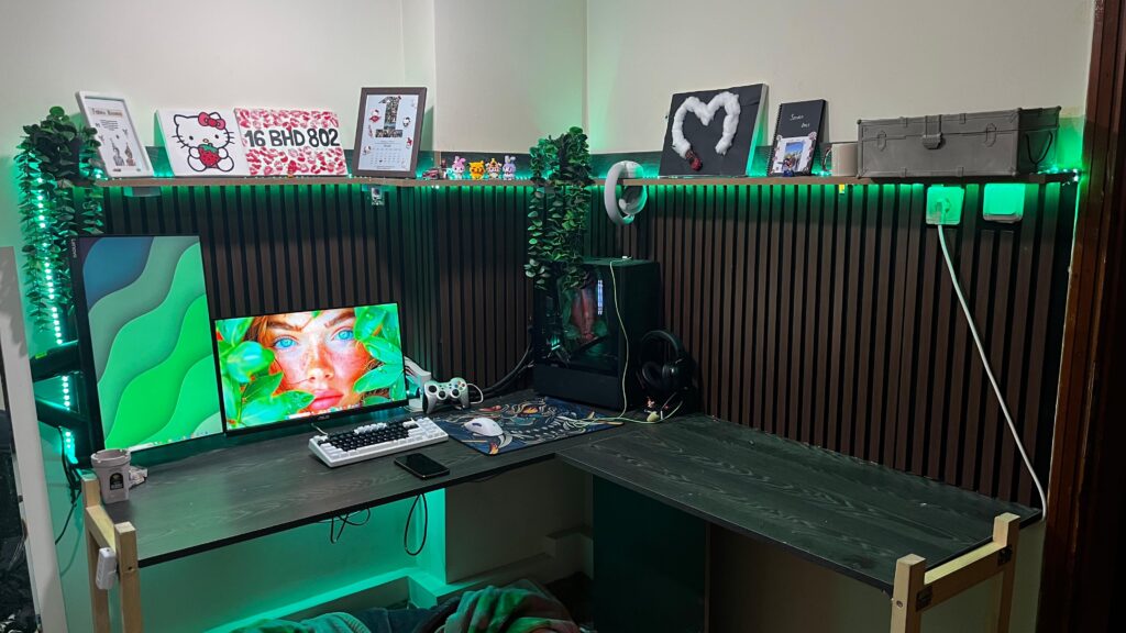Custom Slat Wall & L-Desk Setup - Eco-Green Theme. Any advice on improvements?