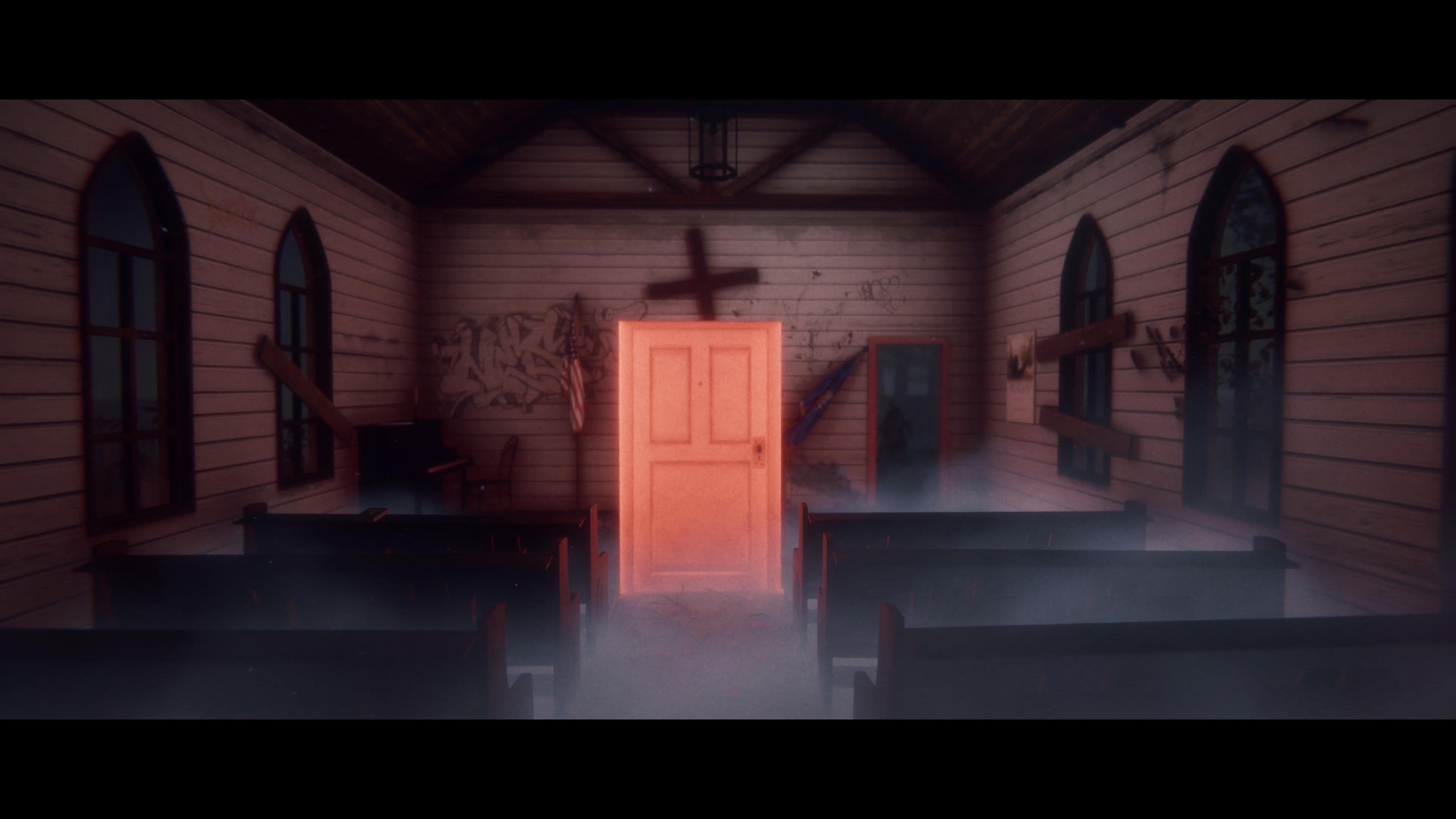 Screens of a horror video game set in a forest