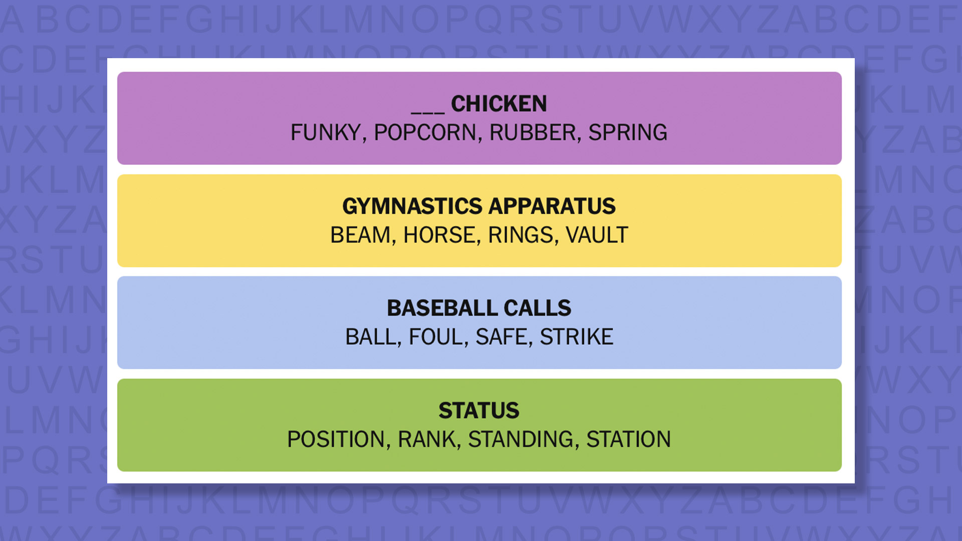 NYT Connections answers for game 995 on a purple background