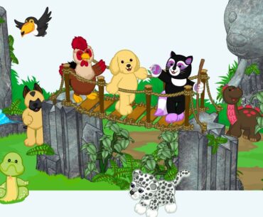 A coterie of cartoon animals prance around a green, natural setting.