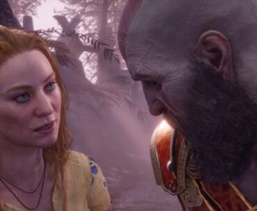 Two characters, Kratos and Faye, having a close conversation in a forest scene from the game God of War.