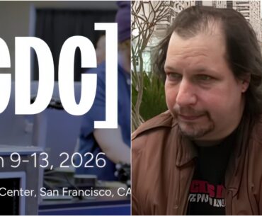 A split image with Greg Costikyan and a 'GDC' logo and event details on the left stating March 9-13, 2026, Moscone Center, San Francisco, CA