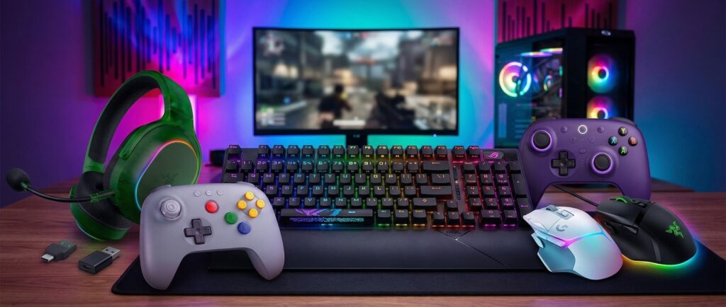 Gaming peripherals on a desk in front of a gaming pc