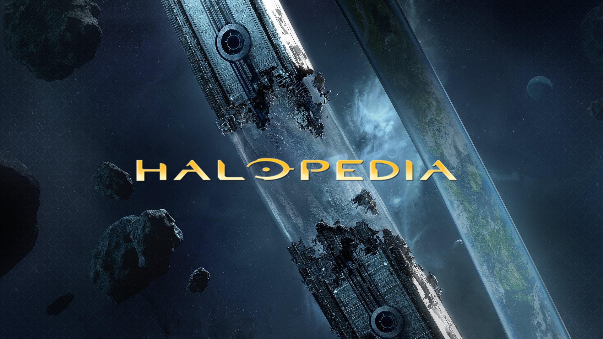 Halo Infinite art of the broken Zeta Halo with HALOPEDIA in the center