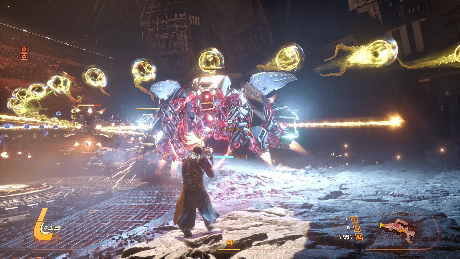 Arjun blasts through the Ancient Depths in Saros, an abandoned, mechanical mining environment, while avoiding orbal energy blasts