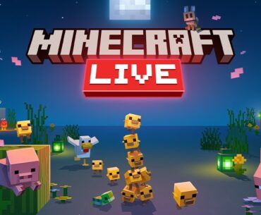 A colorful Minecraft Live banner showing bees, pigs, chickens, rabbits, and other mobs gathered in a moonlit grassy world beneath the Minecraft Live logo.