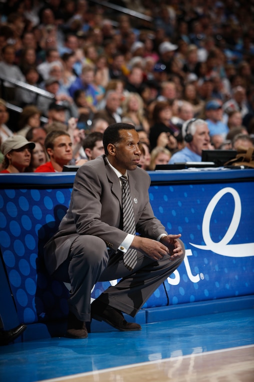Denver Nuggets acting head coach Adrian Dantley looks on against the San Antonio Spurs in the third quarter of the Spurs' 104-85 victory in an NBA basketball game in Denver on Saturday, April 10, 2010.