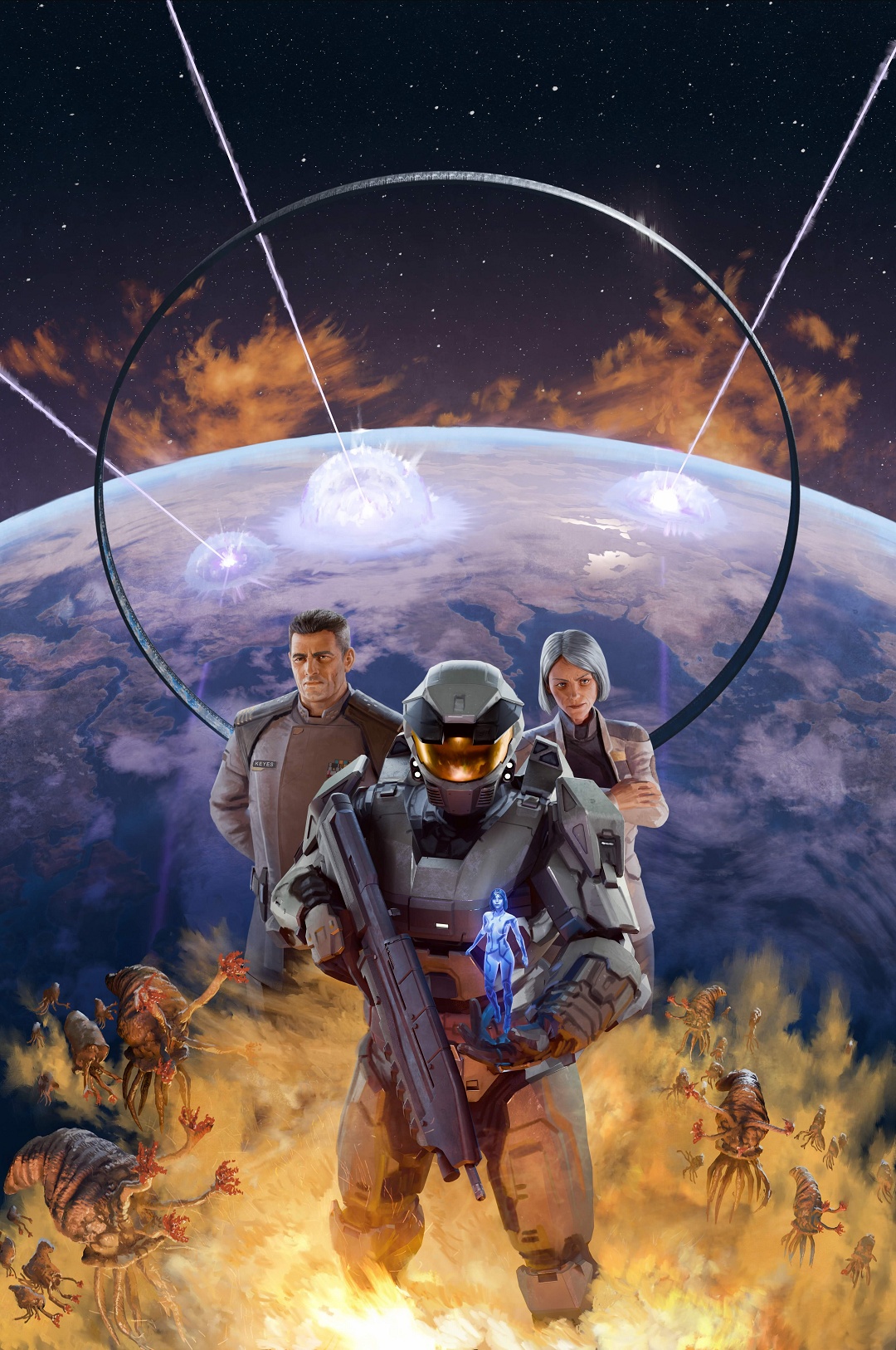Cover art of Halo: The Master Chief Omnibus depicting the Master Chief, Cortana, Captain Keyes, Dr. Halsey, Reach, Alpha Halo, and Flood infection forms.