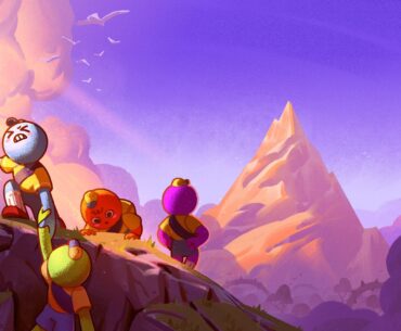 A group of animated characters with colorful, spherical heads wearing hiking gear stand on a mountain cliff under a vibrant