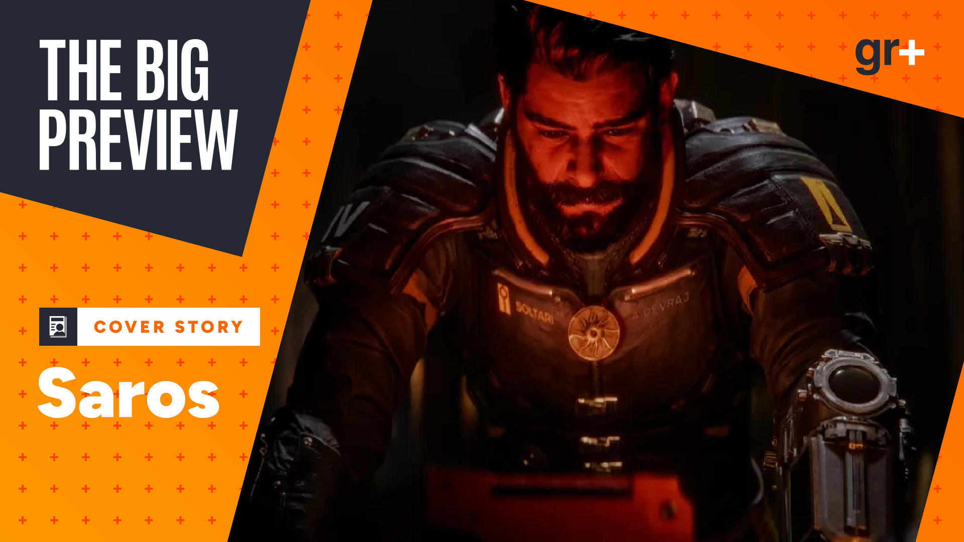 Arjun Devraj concentrates in a Saros cutscene, with the orange Big Preview frame from GamesRadar