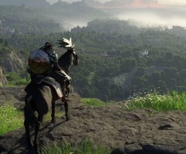 Macduff on his horse looking at the landscape of Pywel in Crimson Desert.