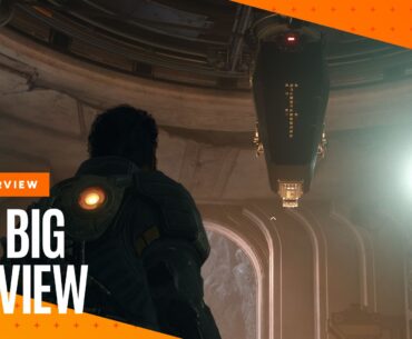 Arjun looks up at Primary in The Passage in Saros, a snake-like mechanical AI with a coffin-shaped head, with the orange GamesRadar+ Big Preview frame