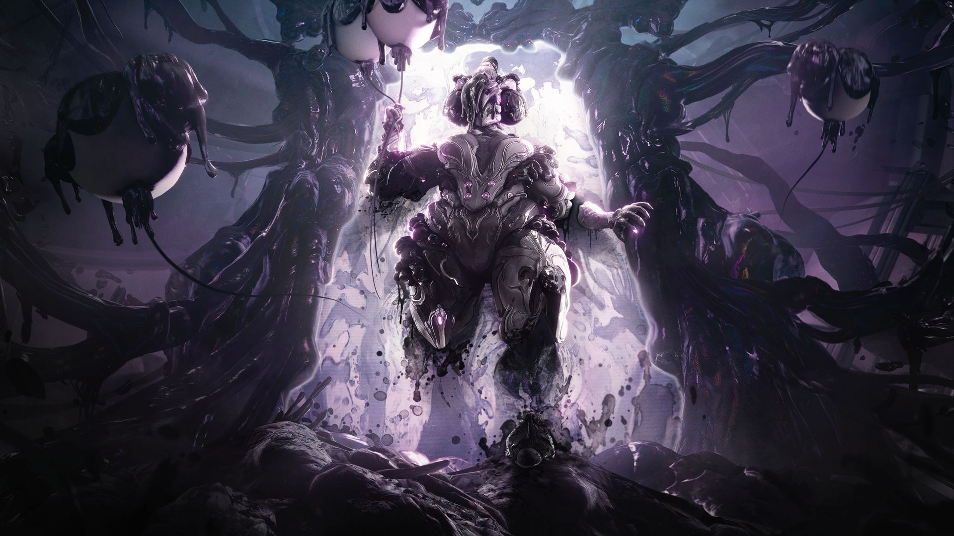 An image of Follie, a Warframe inspired by ink, emerging from a dark, twisted, mirror-like realm holding a white balloon with ink on it