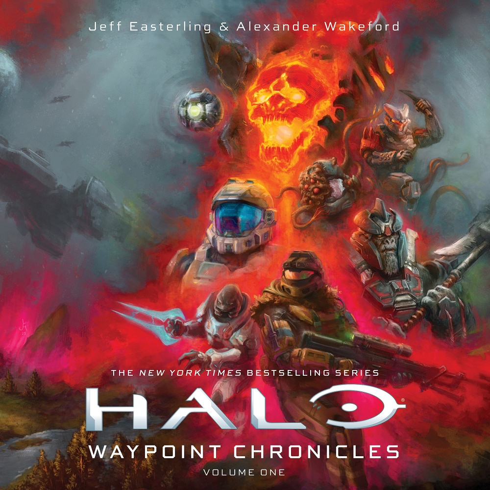 Halo: Waypoint Chronicles - Volume One cover art for audio edition with mechanicals illustrated by Levi Hoffmeier depicting Despondent Pyre, a Promethean Knight, Ilsa Zane, a Flood-infected Spartan, Laurette Agryna, Escharum, Fahl 'Nto, and Jun-A266