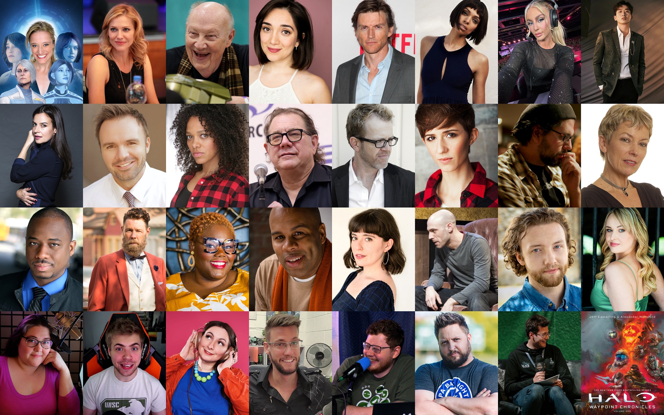 Waypoint Chronicles audiobook narrator line-up including Jen Taylor, Tricia Helfer, Jeff Steitzer, Erika Soto, Gideon Emery, Tamara Taylor, Lottie Van-Praag, Tran Trieu, Camilla Arfwedson, Darren O'Hare, Suzie McGrath, Fred Tatasciore, Scott Brick, Sara Elmelah, Pierce O'Toole, Jean Gilpin, Cary Hite, Daniel Henning, Yinka Ladeinde, Kevin R. Free, Helen Laser, Jacques Roy, Stewart Crank, Jenna Sharpe, Lisa Flanagan, Luc Kirchin (HiddenXperia), Kat Peterson (CxeeFoxx), Martin Smith (Installation00), Austin Murphy (JumperScape), Jeff Easterling, and Alex Wakeford.