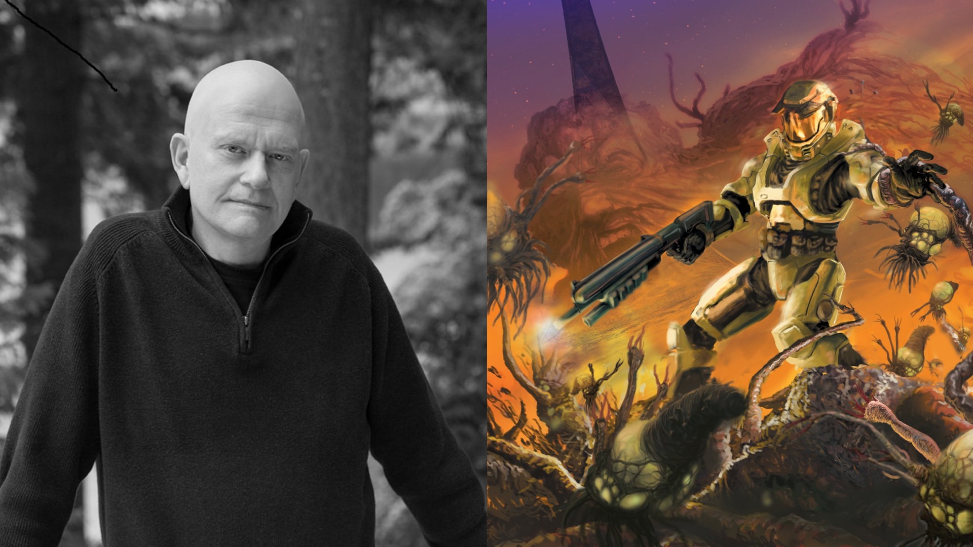 Image of William C Dietz and the cover of Halo: The Flood