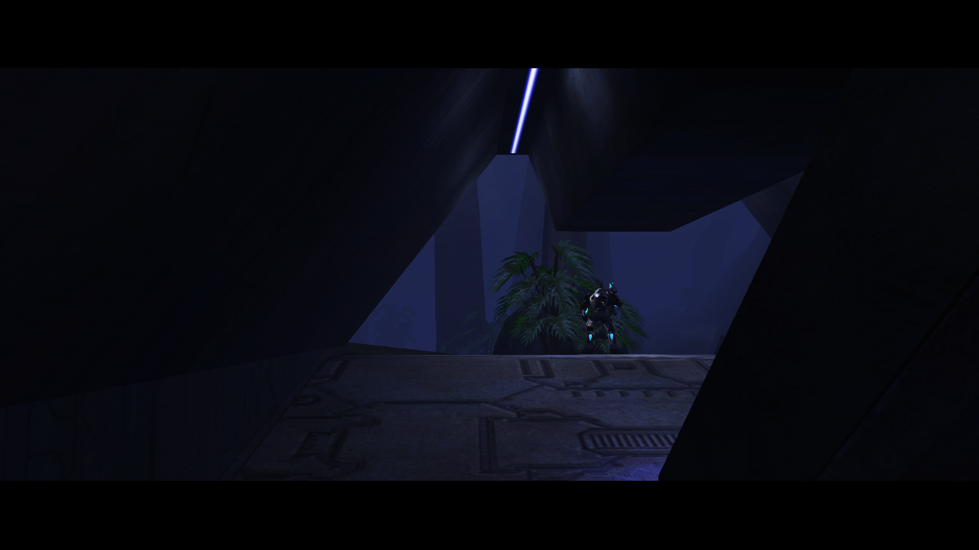 A cinematic still from Zuka 'Zamamee Campaign. Zuka stands in the entryway of a Forerunner installation facing a dense jungle.