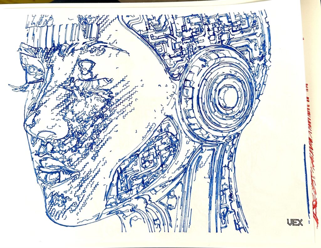 Pen plotted art of a character in a RPG we play