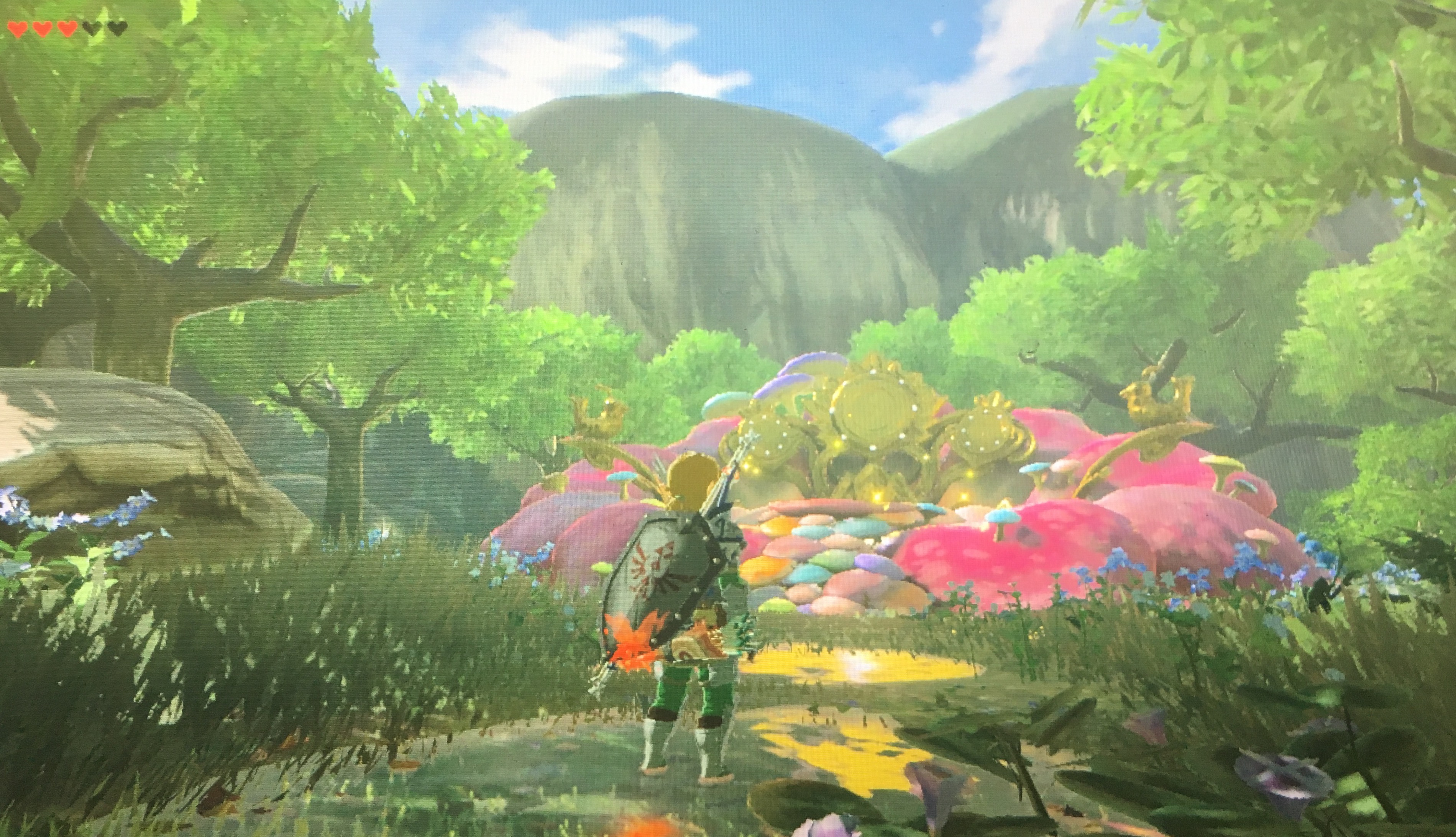 Link at one of the Great Fairy flowers in Zelda Breath of the Wild