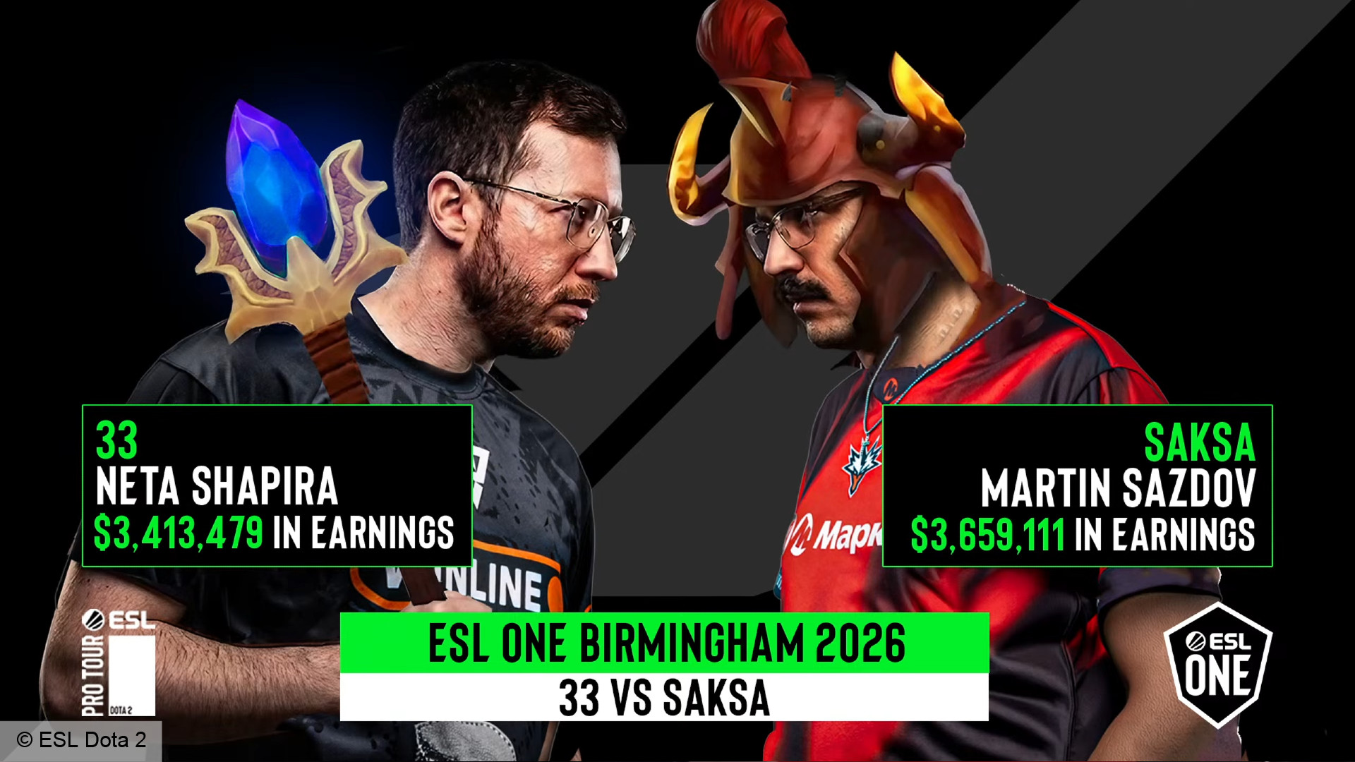 dota-2-esl-one-birmingham-2026-avoplus-33-saksa Dota 2 ESL One Birmingham 2026 - A graphic pitting Neta '33' Shapira against Martin 'Saksa' Sazdov in lifetime earnings.