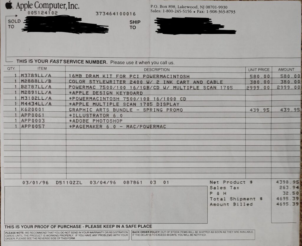 The receipt to my mother's powermac 7500/100 and digital design bundle from 1996