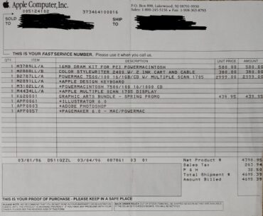 The receipt to my mother's powermac 7500/100 and digital design bundle from 1996