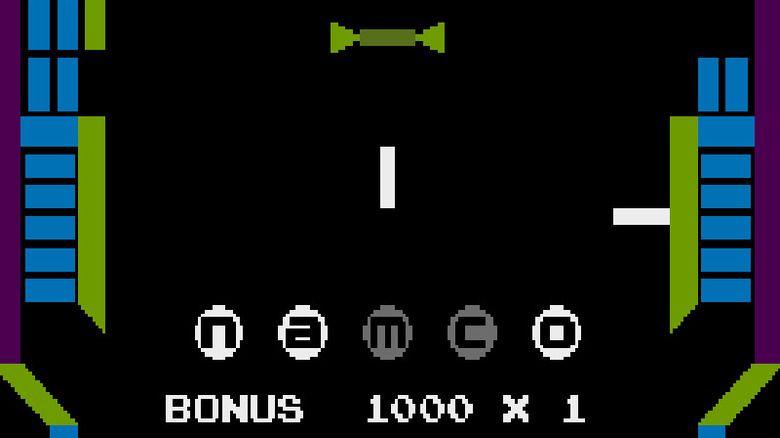 Two white paddles move across the colorful board in 