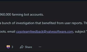 Offical Valve developer reddit account says "Yesterday we banned 960,000 farming bot accounts. "