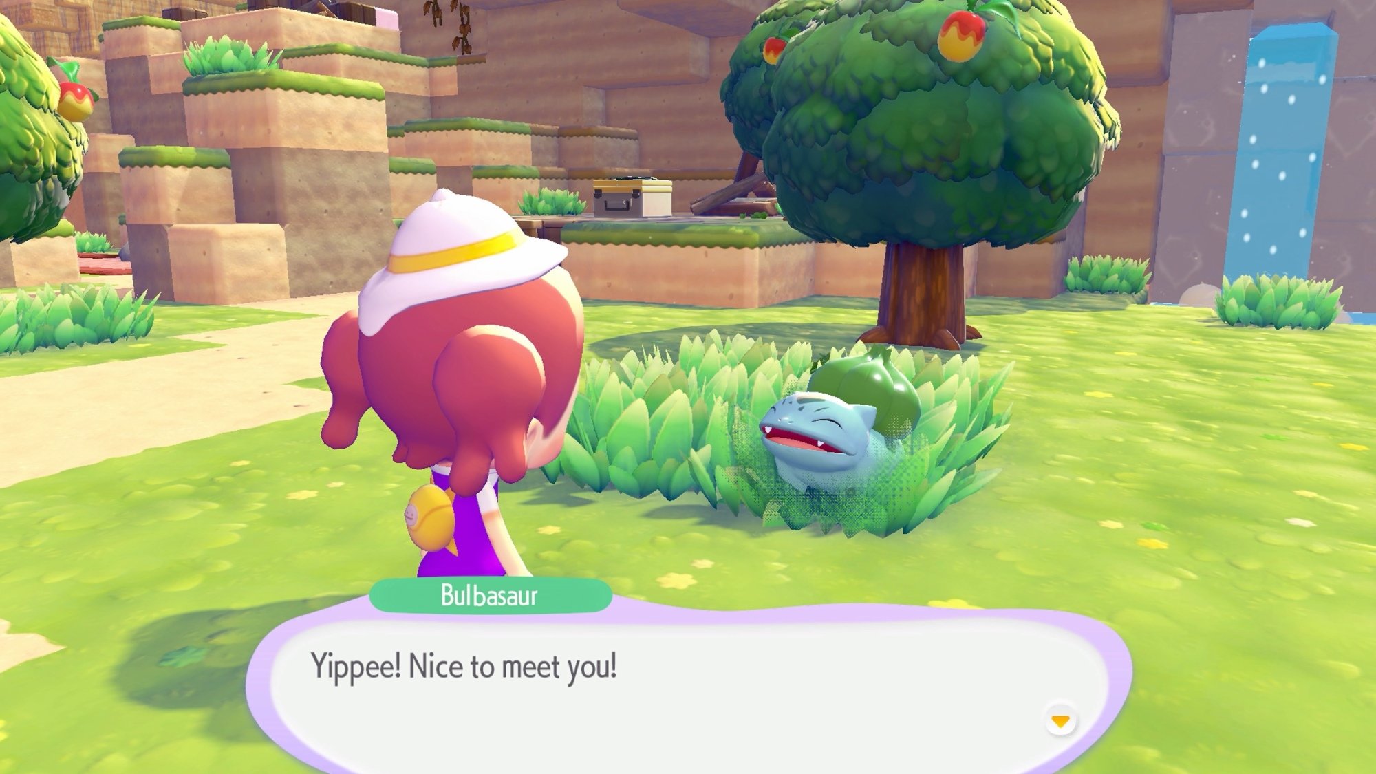 Player greeting Bulbasaur in Pokémon Pokopia